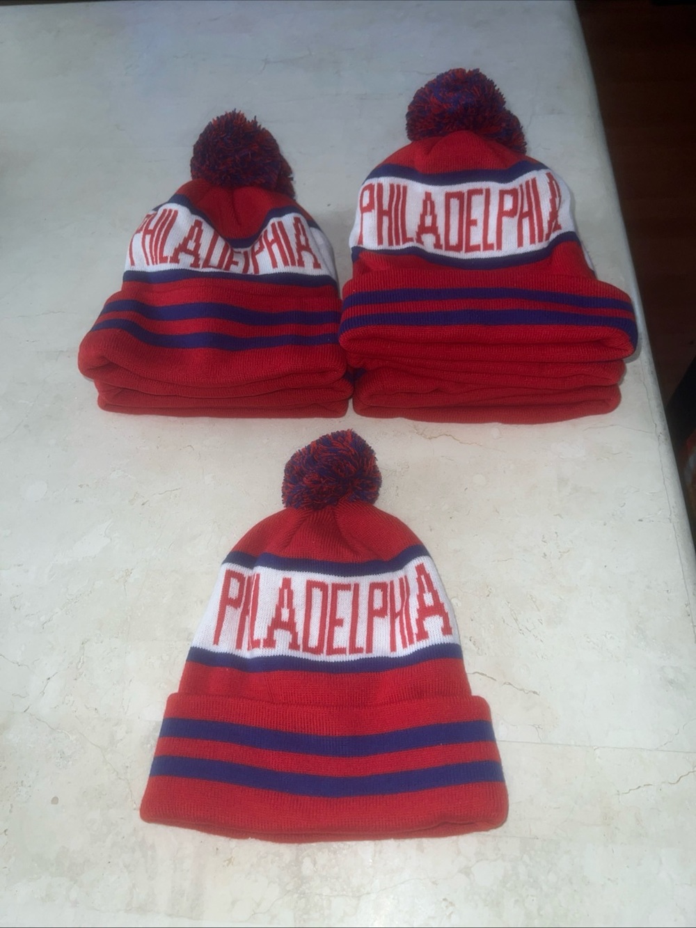 Philadelphia Winter Knit Pom Beanie Hat Cap Red White & Blue Adult OSFM